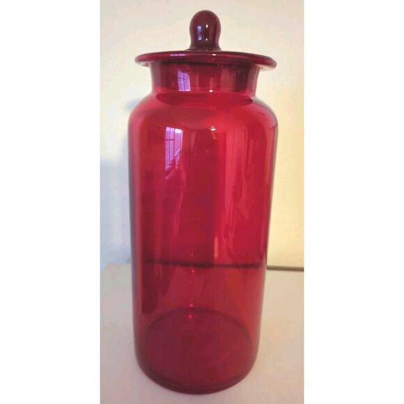 Vintage Takahashi Handblown Clear Red Canister Apothecary Jar with Lid 13" Tall - Picture 1 of 6